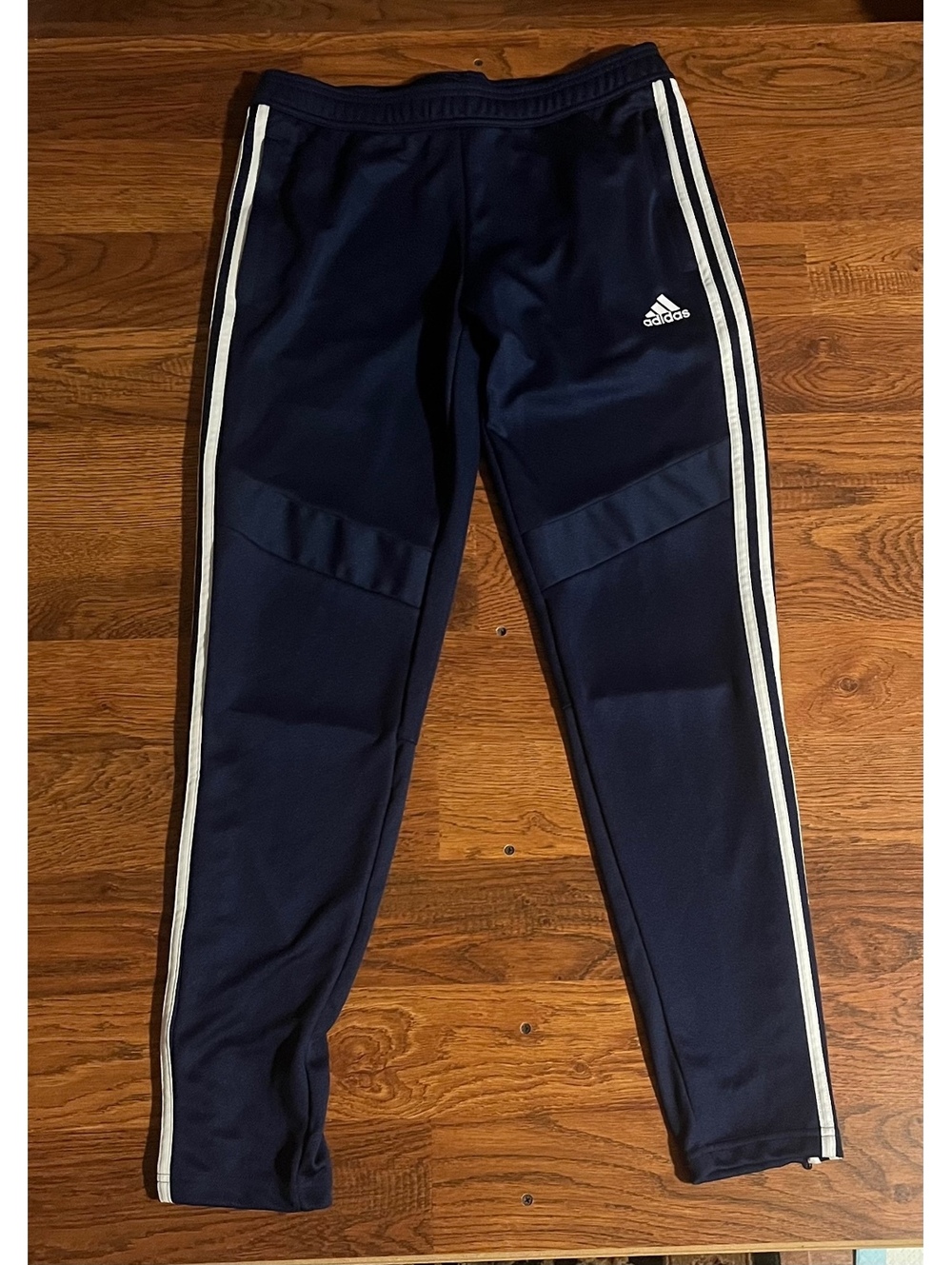 Adidas Men's Navy Blue Track Pants with White Stripes, SizeM